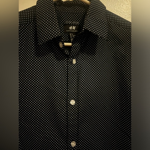 H&M Slim Fit Polka Dot Navy Blue White Button Up Dress Shirt Size S - Picture 2 of 6